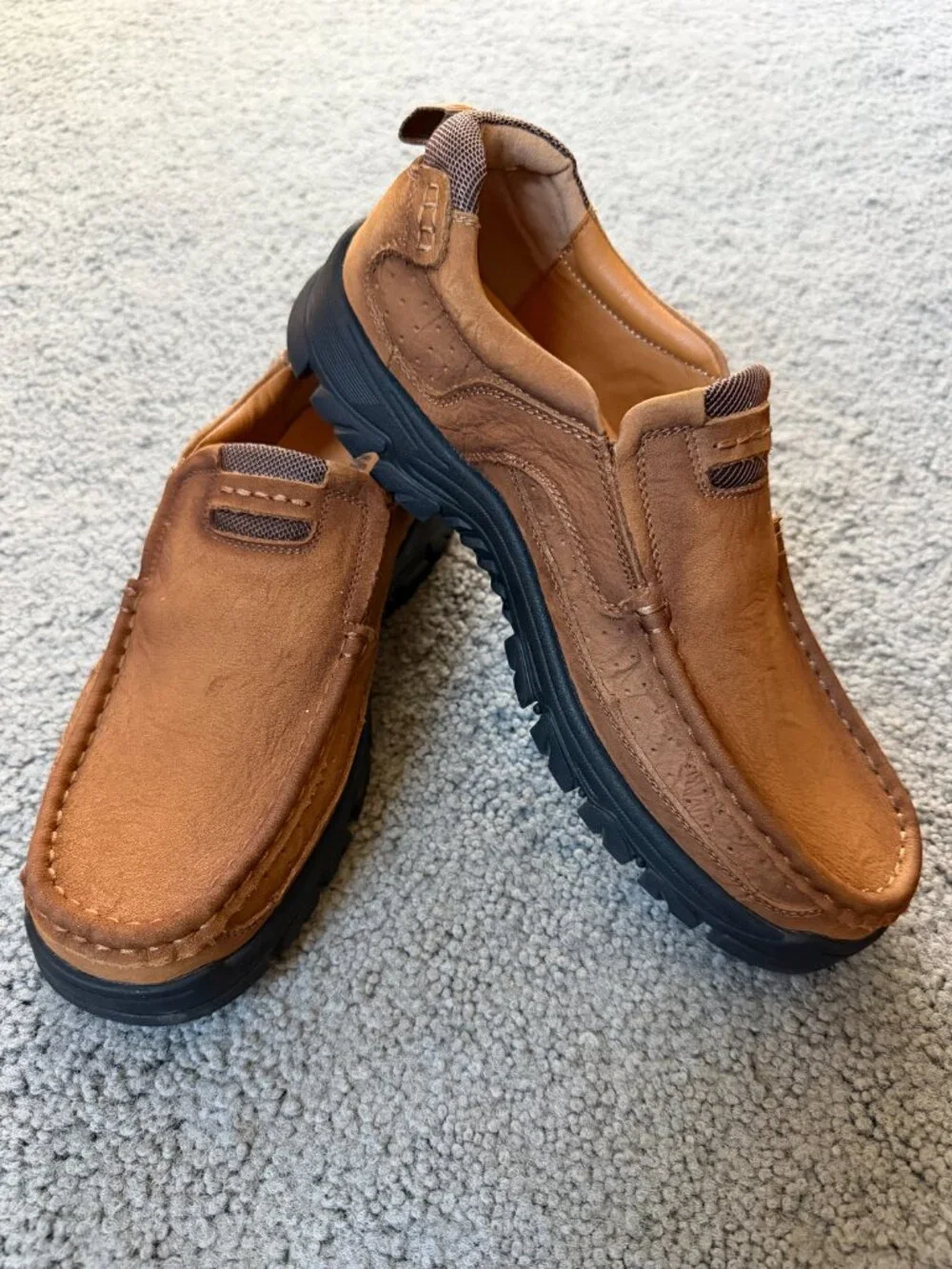 MOSTELO Men's Brown Leather Slip On Hiking Walking Loafers Trail Shoes EU 44 EUC